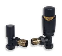 Black Radiator Valves - Thermostatic Radiator Valve Set for a Vertical Radiator - Angled Radiator Valves Including an Angled TRV & Lockshield Valve | Sidato Caldo