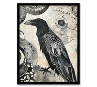 Black Raven Bird Painting Magic Gothic Symbolic Framed Art Print Artery8 Black W12 inch x H16 inch