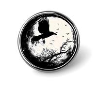 Black Raven Crow Bird Under The Moon Round Pin Brooch Enamel Lapel Badges Jewelry Decor for Backpack Hats