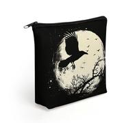 Black Raven Crow Bird Under The Moon Travel Makeup Bag Linen Cosmetic Organizer Toiletry Purse Make Up Bags