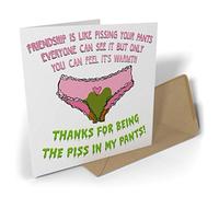 Black Raven Design - Friendship Is Like Pissing Your Pants... | Pink, Greetings Card 135mm Sq
