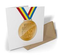 Black Raven Design - World's Greatest French Teacher Medal, Greetings Card 135mm Sq
