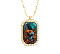 Black Raven On Floral Skull Trendy Diamond Necklace for Women Shiny Square Jewel Pendant Charms Gift