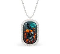 Black Raven On Floral Skull Trendy Diamond Necklace for Women Shiny Square Jewel Pendant Charms Gift