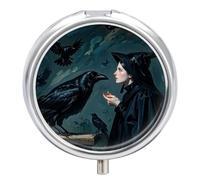 Black Raven Witch3 Compartment Travel Pill Case, Sealed Portable Pill Container Mini Size Metal Pills Box for Pocket Purse, Three Times A Day Pills Organizer for Men, Women