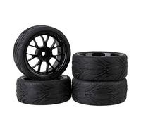 Black RC 1:10 On-road Car Fish Scale Pattern Rubber Tyre & Plastic Y Type Wheel Rim 12mm Drive Hex Pack of 4