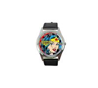 Black Real Leather Quartz Round SCI FI Watch for Wonder Woman Fans
