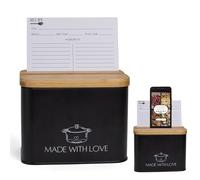 Black Recipe Box with Cards and Dividers | Metal Recipe Card Holder w/Bamboo Lid | 100 Modern Recipe Cards and Box Set | Recipe Card Box Organizer with 10 Dividers | Recipe Tin for Kitchen
