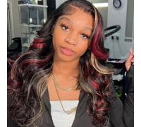 Black Red Blonde Highlights Wig Human Hair 13 x 4 Transparent Lace Front Human Hair Wigs Pre-Plucked with Baby Hair 180% Density Blonde Red Highlights Wig Body Wave Lace Front Wig 55.9 cm