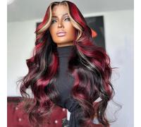 Black Red Blonde Highlights Wig Human Hair 13 x 4 Transparent Lace Front Human Hair Wigs Pre-Plucked with Baby Hair 180% Density Blonde Red Highlights Wig Body Wave Lace Front Wig 50.8 cm