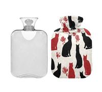 Black Red Cat Roses Silhouette hot Waterbottle with Soft Cover 2L hot compresses for The Body for Neck Shoulder Warmer Pain Relief Bolsa para agua Caliente