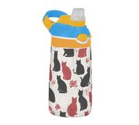 Black Red Cat Roses Silhouette Water Bottle Kids with Silicone Straw Wide Mouth Leakproof Tritan Water Bottle for School Boys Girls termo de Cafe Caliente
