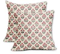 Black Red Christmas Floral Block Print Pillow Covers 16x16 Inch Set of 2, Vintage Flower Pattern Decorative Throw Pillowcases Outdoor Farmhouse Cushion Covers Holiday Rustic Sofa Couch Bed Decor
