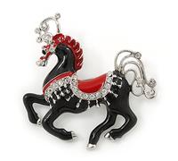 Black/Red Enamel, Crystal Horse Brooch In Silver Tone - 48mm Across