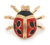 Black/Red Enamel Lady Bug Brooch In Gold Plated Metal - 30mm L