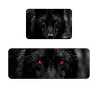 Black Red Eyed Wolf Kitchen Mat Set of 2, Flannel Non-Slip Absorbent Runner Comfort Standing Mats, Washable Kitchen Rugs for Floor Sink Laundry Entryway, 16x24 + 17x47 Inch
