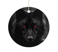 Black Red Eyed Wolf Personalized Christmas Ornaments Sublimation Ceramic Ornaments Round Xmas Keepsake with Gold String for Christmas Tree Winter Holiday Xmas Gift 3"