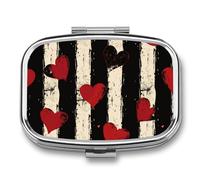 Black Red Heart Pill Case Box with 2 Compartment Medicine Vitamin Organizer for Purse Pocket 5.5x4cm