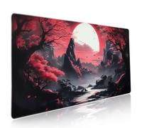 Black Red Japanese Gaming Mouse Pad XXL Moon Sakura Cherry Blossom Extended Big Large Desk Mat Non-Slip Rubber Base Stitched Edge Long Keyboard Mousepad for PC Computer Laptop,35.4×15.7 in