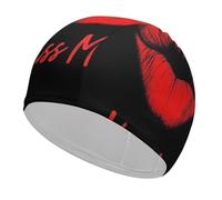 Black Red Lip Print Kiss Me (1) Adult Unique Printed Swim Cap Comfortable Non-Slip Swimming Caps for Long and Short Hair