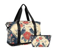Black Red New Year Birds and Flowers Workout Bag Weekender Duffel Bag with Adjustable Strap for Yoga 2 Pcs Set, Black red New Year birds and flowers, One Size
