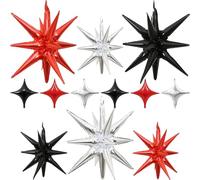 Black Red Silver Star Balloons 12pcs, One-Piece, 27/22 Foil Inch Star Explosion Balloons, Large Spike Mylar Cone Balloon, Fireworks Shape Balloon Decor for New Year Casino Night Racing Car Theme Prom