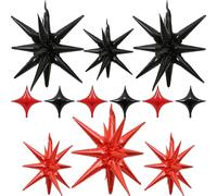 Black Red Star Balloons 12pcs, One-Piece, 27/22 Inch Foil Star Explosion Balloons, Large Spike Mylar Cone Balloon, Fireworks Shape Balloon Decor for New Year Casino Night Racing Car Theme Prom
