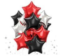 Black Red Star Balloons, 18 Inch 12Pcs Black Red and Metallic Silver Star Shape Foil Balloon, Large Helium Pentagram Balloons for Kids Birthday Casino Racing Car Poker Theme Halloween Party Decor