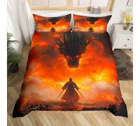 (Black Red Yellow, Single(No Comforter)) Homewish Samurai Duvet Cover Cherry Blossoms Bedding Set Double,Japanese Style Comforter Cover Red Sunset Ink Silhouette Bed Cover for Boys Men