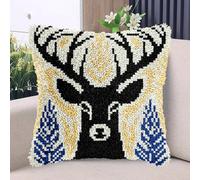 Black Reindeer Elk Head Latch Hook Kits Pillow with Printed Canvas DIY Handmade Cushion Crochet Yarn Embroidery Hook and Latch Kit Pillowcase Christmas Decoration 43x43cm