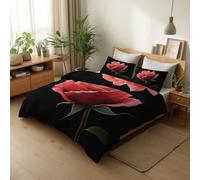 Black Reversible Duvet Cover 135 × 200 cm, Single Size Bedding Sets With 2 Pillowcases, Exquisite Elegant Flowers Pink Roses Printed Quilt Cover with Zipper Closure