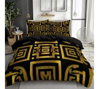 Black Reversible Duvet Cover Double Size, Ancient Greek Geometry Black And Gold Pattern Printed Quilt Cover with Zipper, Super Soft Hotel Quality Bedding for Adults and Couples, 200x200 cm