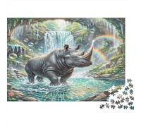 Black Rhinoceros 1000-piece Premium Paper Jigsaw Puzzle Rhino Waterfall Challenging Puzzle Enthusiasts Adults Cognitive Development Brain Teaser Solo Play Indoor Game 70x50cm/1000pcs