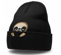 Black Ribbed Knitted Cuffed Sloth Beanie with Gold Embroidery - Soft Acrylic Thermal Winter Hat for Adults, Unisex Foldable Warm Cap, Cozy Animal Design Beanie for Women Men Gift