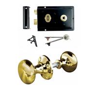 Black Rim Lock and Mushroom Rim Door Knob Polished Brass 50mm from Ironmongery Hardware Online