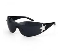 Black Rimless Wrap Around Sunglasses Women Men, Retro Y2K Oversized Star Shades Cool Trendy Rave Sun Glasses 30g