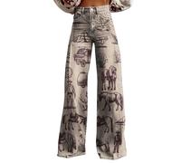 Black Ripped Jeans Women Women's Vintage Print Casual Wide Leg Pants Baggy Jeans for Women (Beige, S)