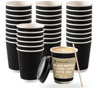 Black Ripple Takeaway Coffee Cups with Lids - 16 oz, Pack of 30 | Triple Wall Insulated Kraft Design for Heat Protection - Firm Grip | Ideal for Coffee, Tea & Hot Liquids
