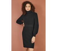 Black Roll Neck Knitted Dress With Fitted Waist Yumi Black L