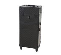 Black Rolling Makeup Case, 3-in-1 Aluminum Cosmetic Trolley w/ Flip Trays & Lock Latches, Large Storage Makeup Artist Travel Organizer Box