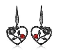 Black Rose Earrings Sterling Silver Rose Heart Dangle Earrings Rose Retro Gothic Jewellery Gifts for Women Girls