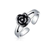 Black Rose Flower Shape carved Midi Split Band Toe Ring For Women Oxidized .925 Silver Sterling Adjustable