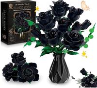 Black Rose Flowers Bouquet Building Set, 11 Artificial Flowers Toy Kit for Botanical Collection, DIY Birthday, for Adults Women Mum Wife Her Girls 6+, Decorative Home Elegant (443 Pieces) (Black)
