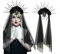 Black Rose Goddess Halo Crown Headband with Veil Gothic Tassel Halo Flower Crown Hair Hoop Day of The Dead Hairband Queen Headpiece Halloween Hair Accessories for Carnival Makeup Party Masquerade