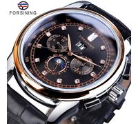(black,rose gold) Forsining Moon Phase Shanghai Movement Rose Gold Case Brown Genuine Leather Strap Mens Watches Top Brand Luxury Auotmatic Watch