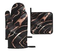 Black Rose Gold Marble Oven Mitts and Potholders BBQ Gloves and Holders for Cooking Baking (3-Piece Set)