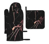 Black Rose Gold Marble Printed Oven Mitts And Pot Holders Sets Of 3 Heat Resistant Non-Slip Kitchen Oven Gloves For Cooking Baking Grilling