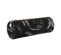 Black Rose Printed Cylindrical Leather Pencil Case for Girls Boys, Gold Zipper Pencil Bag Pen Pouch Organizer for Student School Office College
