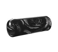 Black Rose Printed Cylindrical Leather Pencil Case for Girls Boys, Silver Zipper Pencil Bag Pen Pouch Organizer for Student School Office College