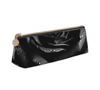 Black Rose Printed Triangle Leather Pencil Case for Girls Boys, Zipper Pencil Bag Pen Pouch Bag Organizer for Student School Office College